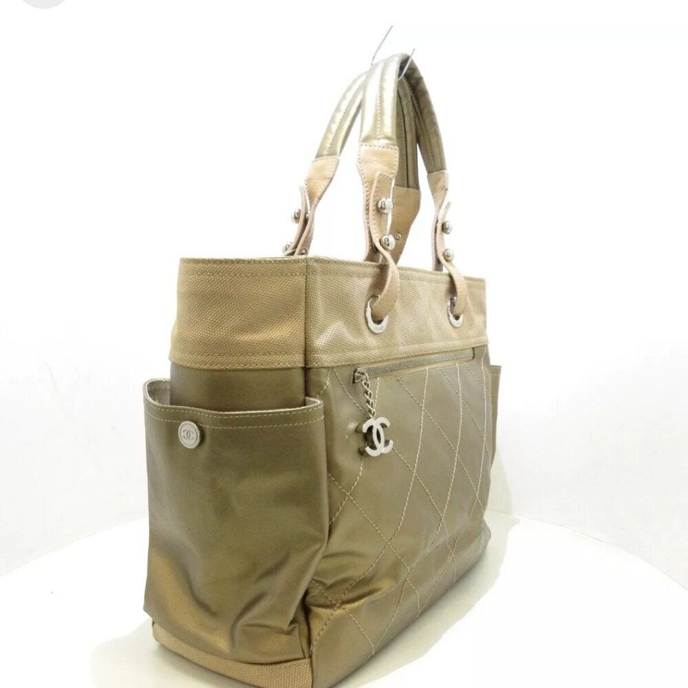 100% Authentic CHANEL Paris Biarritz Tote GM Gold Beige Coated Canvas Nylon - Picture 3 of 14